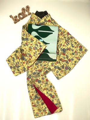 イエロー鮮やか!湖布セパ着物 紅型オシャレ