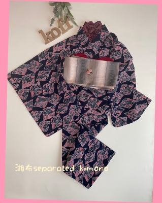 化繊 業平菱に椿 セパレート着物