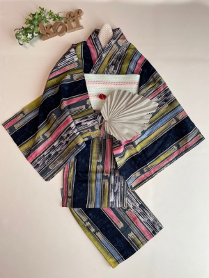 湖布セパレート浴衣 モダンな変わり縞柄