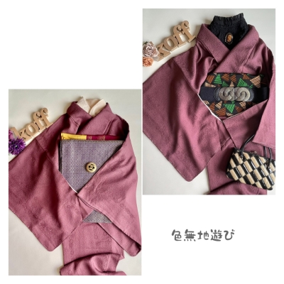 湖布セパ着物 色無地ぶどう色(未使用/美品)