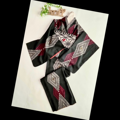 湖布セパレート着物 ダイヤ柄レトロ紬